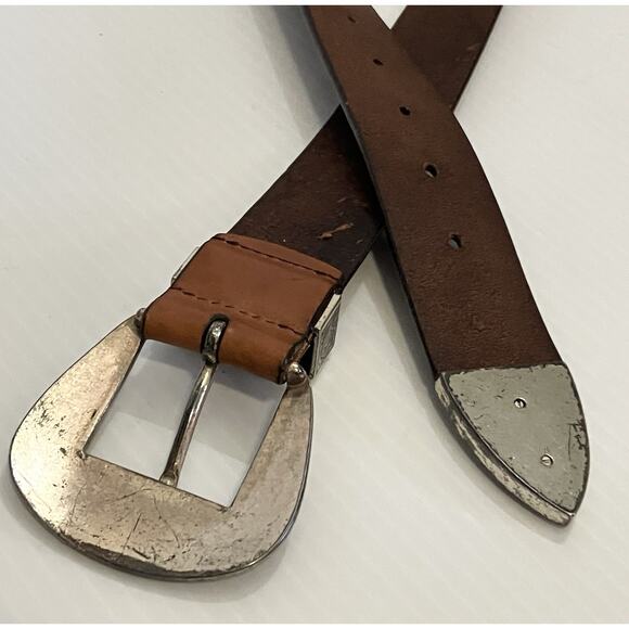 Silpada Brown Leather Belt Sz M Silver Tone Buckle Vintage Western Bling Italian - Picture 4 of 5